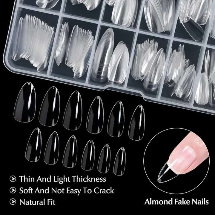 100pcs Artificial Nails Kit – Coffin & Almond Shape (Natural & Transparent) with Free Glue Sheet